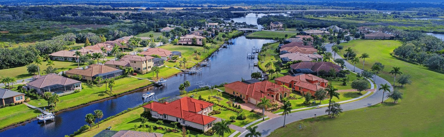 waterfront community custom homes aerial view